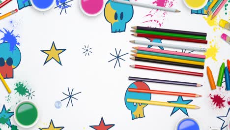 Animation-of-old-skool-vs-new-school-text-on-blue-circle-moving-over-stationery-on-colourful-doodles