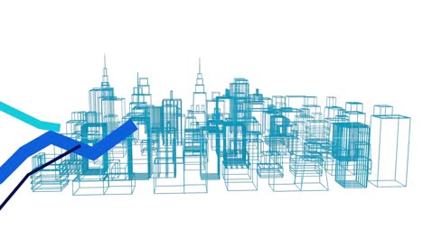 Animation-Einer-3D-Architektur-Stadtzeichnung,-Die-Sich-Mit-Der-Verarbeitung-Blauer-Linien-Dreht