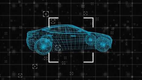 Animation-of-3d-car-drawing,-scope-scanning-and-data-processing