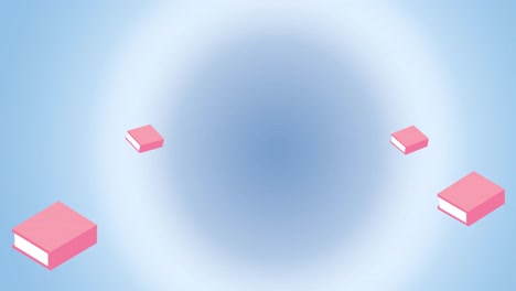 Animation-of-pink-books-floating-on-soft-blue-background-with-halo
