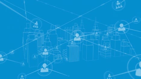Animation-of-networks-of-connections-with-people-icons-over-3d-cityscape-on-blue-background