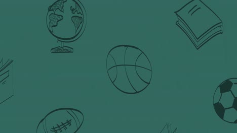 Animation-of-black-outline-sports-balls,-globe-and-books-moving-over-green-chalkboard