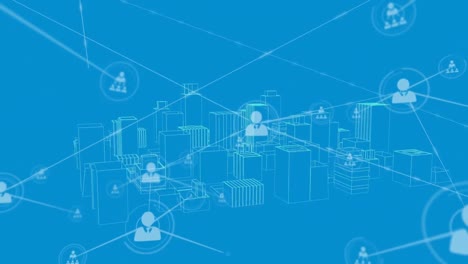 Animation-of-network-of-connections-with-people-icons-over-cityscape-on-blue-background