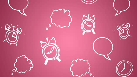 Animation-of-white-outline-alarm-clocks,-speech-and-thought-bubbles-scrolling-on-pink-background
