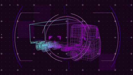 Animation-of-3d-car-drawing,-scope-scanning-and-data-processing