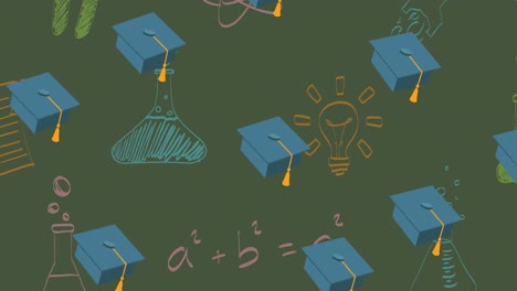 Animation-of-repeated-mortarboards-moving-over-colourful-science-doodles-on-green-chalkboard