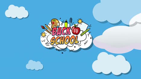 Animation-of-rocket-flying-across-back-to-school-text-with-stationery-on-white-cloud-in-blue-sky