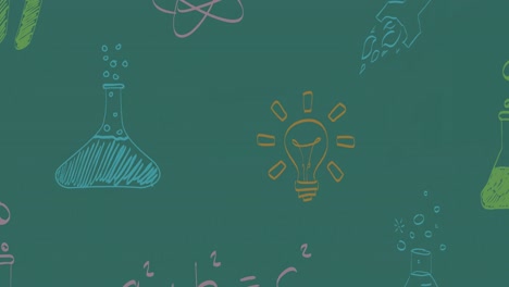 Animation-of-colourful-maths-equations-and-science-doodles-moving-over-green-chalkboard