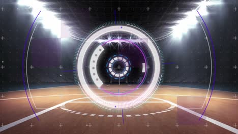 Animation-Des-Scannens-Von-Zielfernrohren-Und-Der-Datenverarbeitung-über-Dem-Basketballplatz