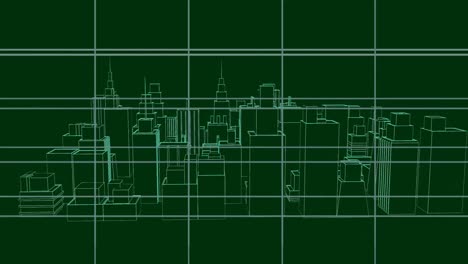Animation-of-3d-architecture-city-drawing-spinning-over-grid