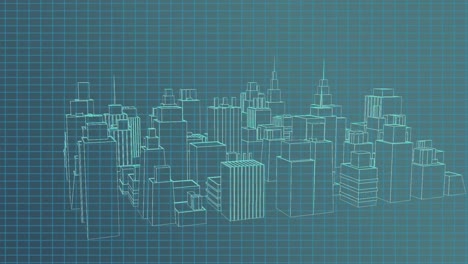 Animation-of-3d-architecture-city-drawing-spinning-over-grid