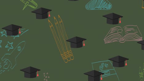 Animation-of-repeated-mortarboards-moving-over-green-chalkboard-with-drawings-in-chalk