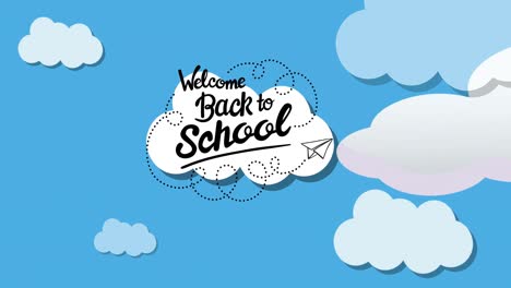 Animation-Einer-Rakete,-Die-über-„Willkommen-Zurück-In-Die-Schule“-Text-Und-Ein-Papierflugzeug-Auf-Einer-Wolke-Am-Blauen-Himmel-Fliegt