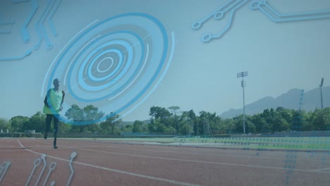Animation-of-digital-data-processing-over-disabled-male-athlete-with-running-blades-on-racing-track