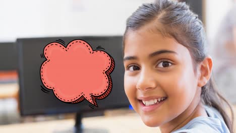 Animation-of-empty-red-speech-bubble-over-smiling-schoolgirl-in-classroom