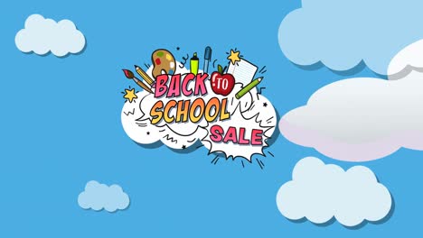Animation-of-rocket-flying-across-back-to-school-sale-text-and-stationery-on-white-cloud-in-blue-sky