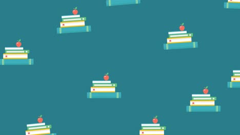Animation-of-repeated-stacks-of-books-with-apples-moving-over-mid-blue-background