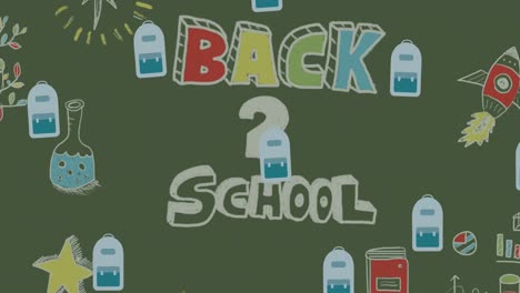 Animation-Von-Wiederholten-Schulranzen,-Die-Zurück-Zum-Schultext-Und-Kritzeleien-Auf-Einer-Grünen-Tafel-Gehen