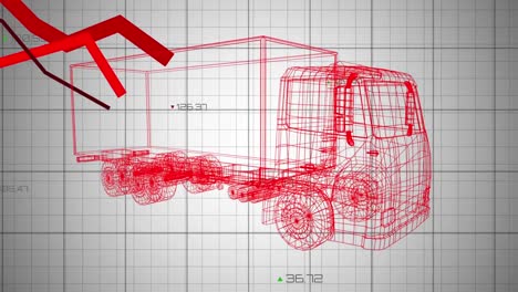 Animation-of-3d-car-drawing,-red-lines-recording-and-data-processing
