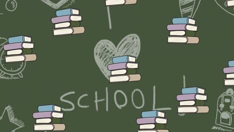 Animation-of-repeated-stacks-of-books-moving-over-green-chalkboard-with-i-heart-school-in-chalk