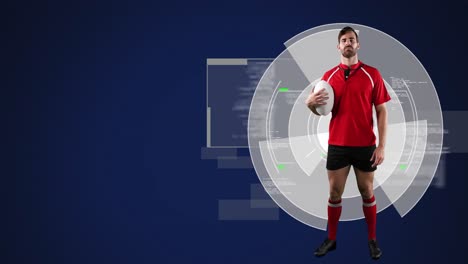 Animation-of-caucasian-male-rugby-player-with-ball-over-digital-data-processing-on-screen
