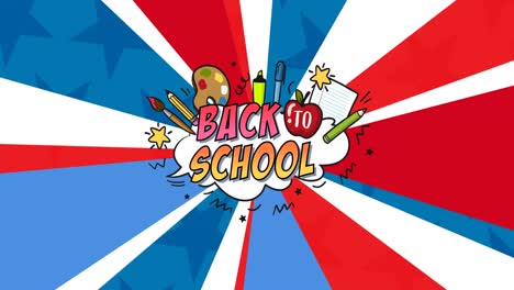 Animation-of-back-to-school-text-and-items-over-rotating-radiating-red,-white-and-blue-lines