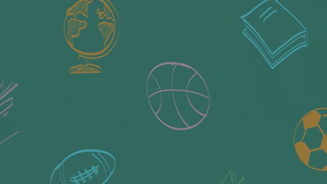 Animation-of-colourful-sports-ball,-globe-and-book-doodles-moving-over-green-chalkboard