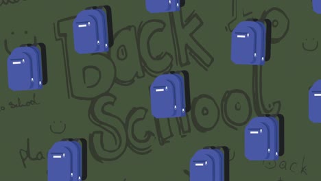 Animation-of-repeated-blue-schoolbags-moving-over-back-to-school-written-on-green-background