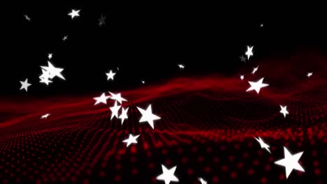 Animation-of-white-stars-falling-with-red-mesh-on-black-background