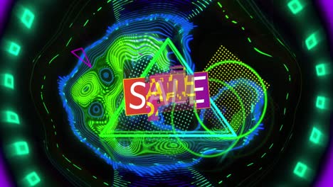 Animation-of-sale-text-over-neon-triangle-and-abstract-shapes-background