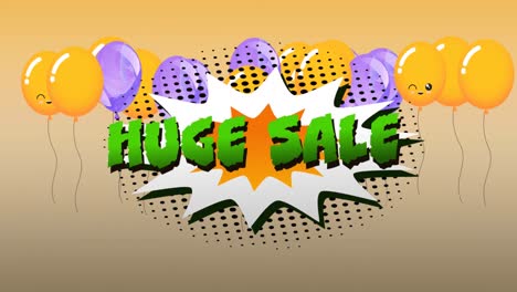 Animation-of-huge-sale-text-over-speech-bubble-and-balloons-on-orange-background