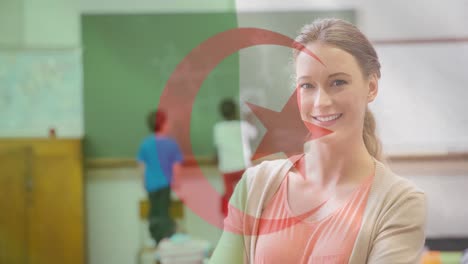 Animation-of-flag-of-turkey-over-smiling-female-teacher-with-children-in-classroom