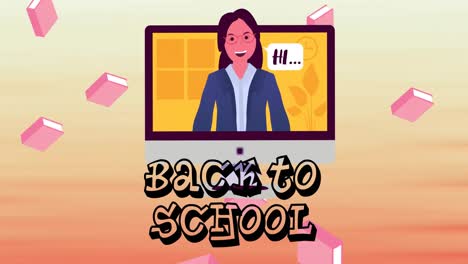 Animation-of-text-back-to-school-over-falling-books-and-computer-with-woman-saying-hi,-on-orange