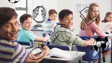 Animation-of-black-doodles-of-sports-balls-and-books-scrolling-over-smiling-schoolchildren-at-desks