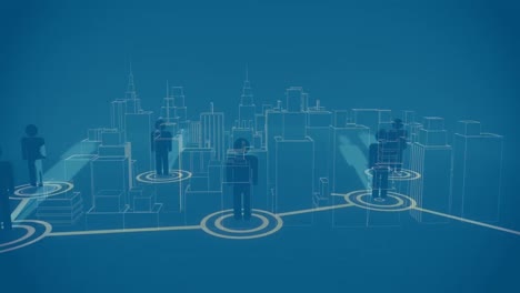 Animation-of-network-of-connections-with-people-icons-over-cityscape-on-blue-background