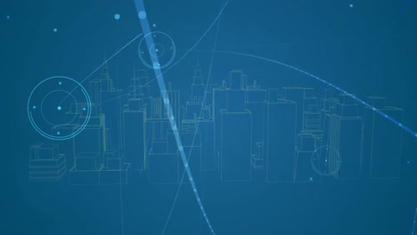Animation-Von-Verbindungsnetzwerken-über-Einem-3D-Stadtbild-Auf-Blauem-Hintergrund