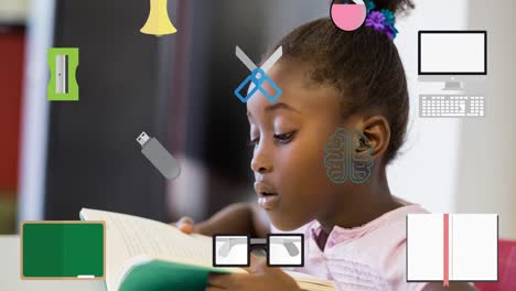 Animation-of-school-icons-scrolling-over-schoolgirl-reading-in-class
