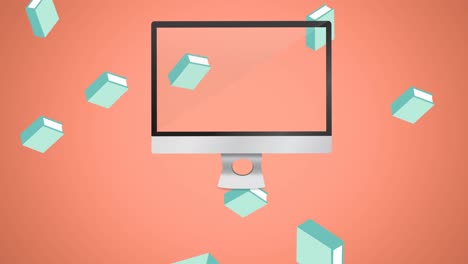 Animation-of-falling-blue-notebooks-and-computer-screen-on-pink