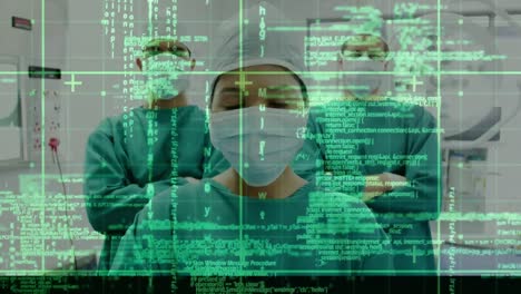 Animation-of-data-processing-over-surgeons-in-face-masks-and-grid