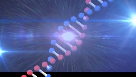 Animation-Eines-DNA-Strangs,-Der-Sich-Mit-Leuchtendem-Licht-Auf-Blauem-Hintergrund-Dreht