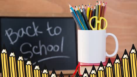 Animation-of-text-back-to-school-on-chalkboard-and-cup-of-pencils,-with-pencils-moving-in-foreground
