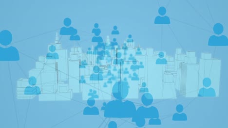 Animation-Von-Netzwerken-Von-Verbindungen-Mit-Menschensymbolen-über-3D-Stadtbild-Auf-Blauem-Hintergrund