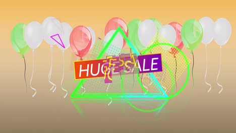Animation-of-huge-sale-text-over-neon-triangle-and-balloons-on-orange-background