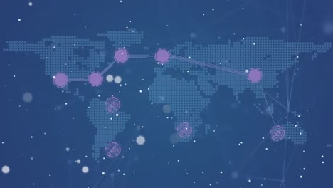 Animation-of-network-of-connections-with-world-map-on-blue-background