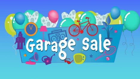 Animation-of-garage-sale-text-over-household-items-and-balloons-on-blue-background