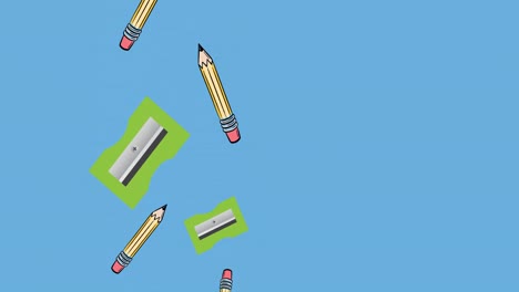 Animation-of-pencils,-erasers-and-pencil-sharpeners-falling-on-blue-background