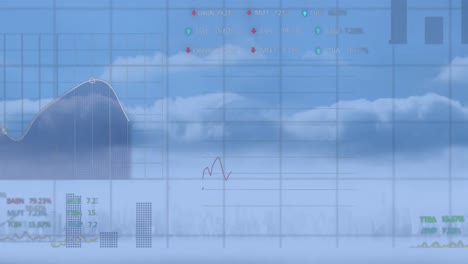 Animation-Der-Statistik--Und-Finanzdatenverarbeitung-über-Dem-Stadtbild-Auf-Blauem-Hintergrund