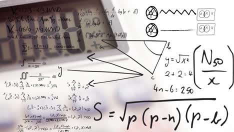 Animation-of-handwritten-maths-equations-moving-over-calculator-screen,-on-white