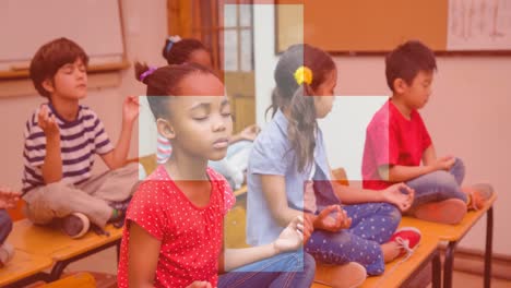 Animation-of-flag-of-switzerland-over-schoolchildren-meditating-in-school-classroom