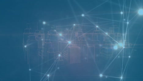 Animation-Eines-Netzwerks-Von-Verbindungen-über-Einem-3D-Stadtbild-Auf-Blauem-Hintergrund